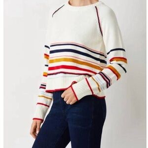 Ecru Women's Sweater with Cream and Multicolor Stripes